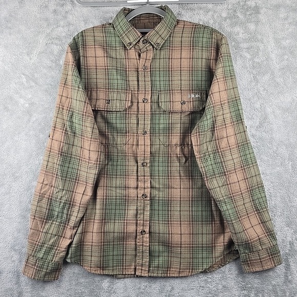 HUK Performance Flannel Shirt Mens Small Brown Green Plaid Fishing Soft - Picture 1 of 9